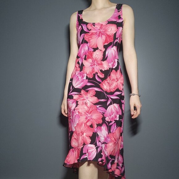 Vintage romantic 90s pink and black sleeveless midi floral dress with ruffles - Picture 5 of 14